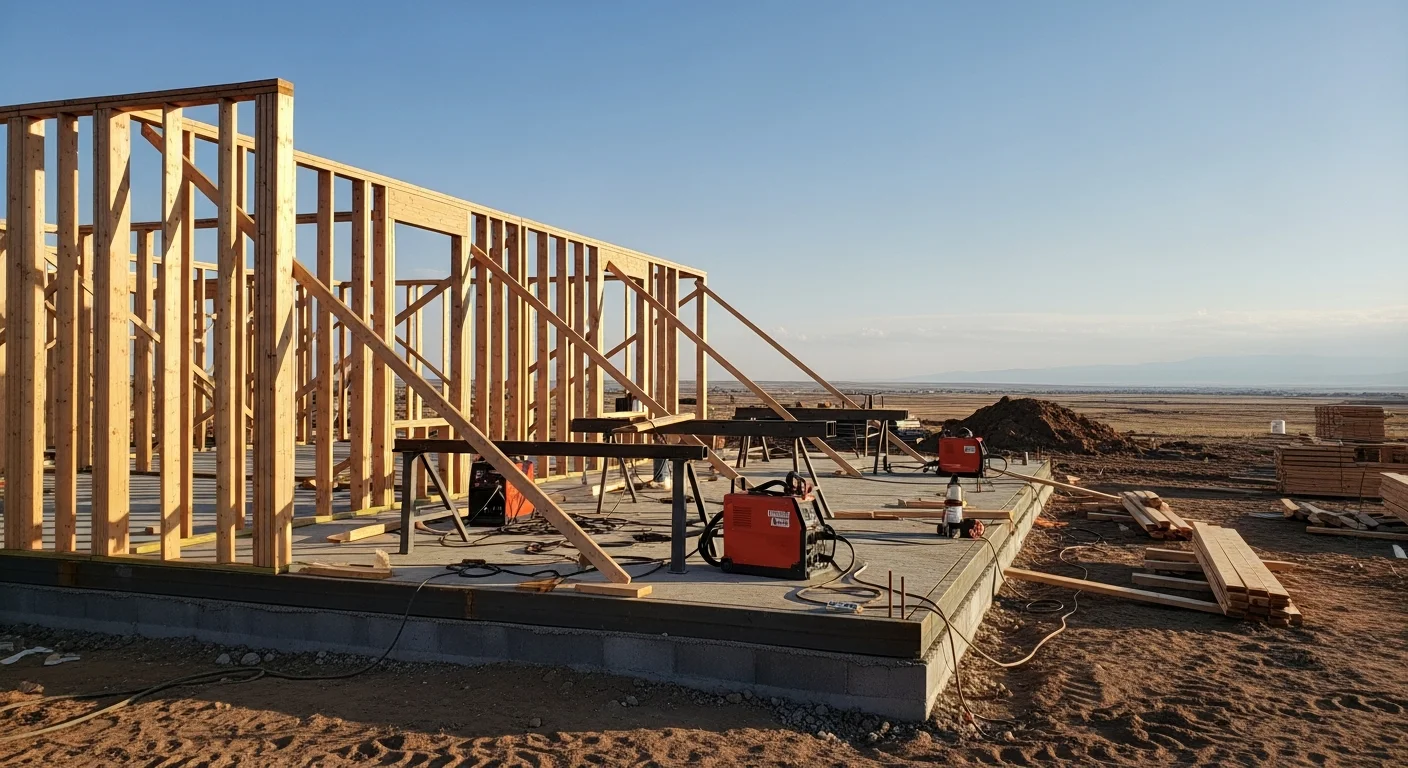 Residential construction site in Evans, CO with new framing and clear blue sky.