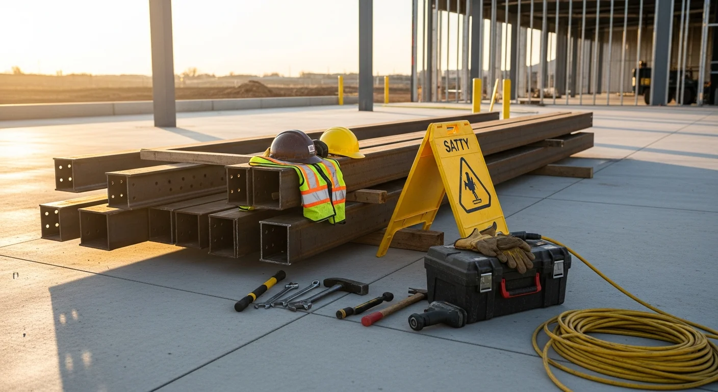 A construction labor crew performing site prep and material handling work on an active industrial job site in Evans, CO. Workers in high-visibility vests and hard hats move materials near a large commercial structure in Weld County.