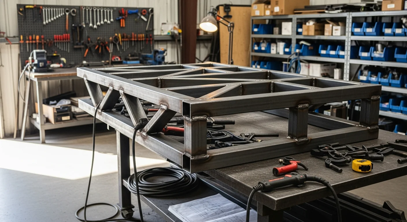 A finished custom steel frame assembly fabricated by Oryx Ridge Services LLC, staged for delivery to an industrial client in Evans, CO. Welded joints are clean and square, with a primed surface ready for field installation.