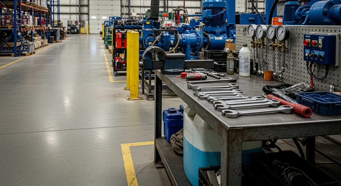 An Oryx Ridge Services LLC field technician performing hands-on equipment inspection and servicing at an industrial facility in Evans, CO. The site shows active machinery and open field infrastructure typical of Weld County energy and agricultural operations.