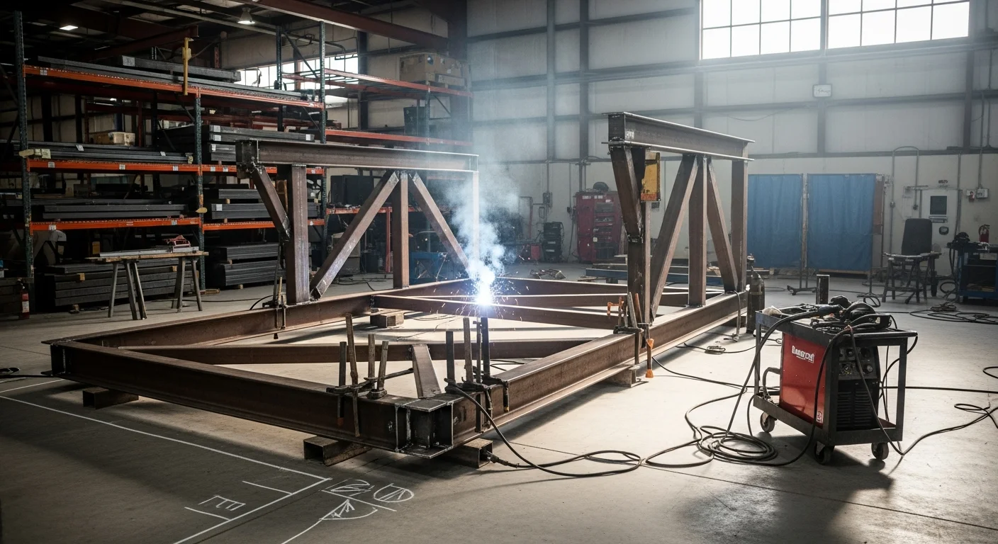 A fabrication crew assembling structural metal components inside a commercial facility in Evans, CO. Fitted parts are staged on the floor with hand tools and alignment equipment visible in the foreground.