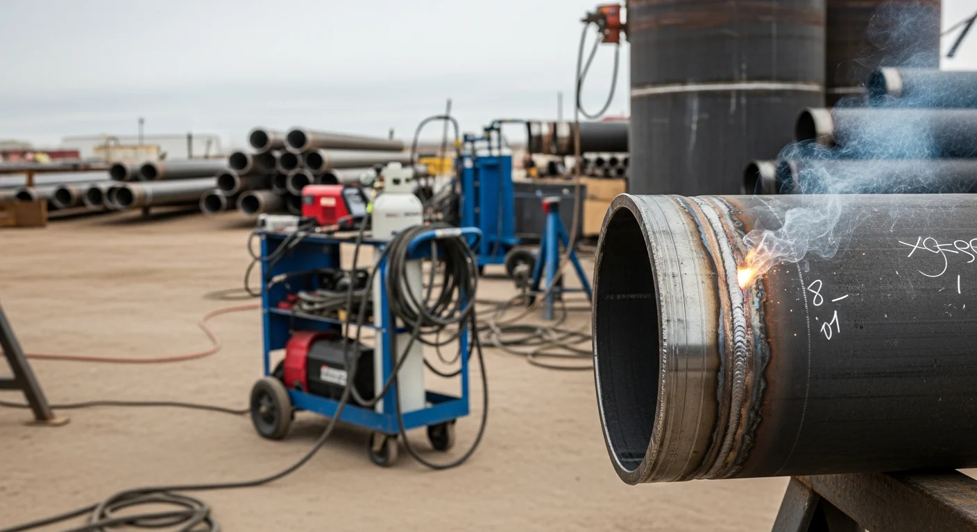 A welder from Oryx Ridge Services LLC completing a pipe joint on an industrial line at a Weld County, Colorado job site. Finished pipe run visible in the foreground against an open field near Evans, CO.