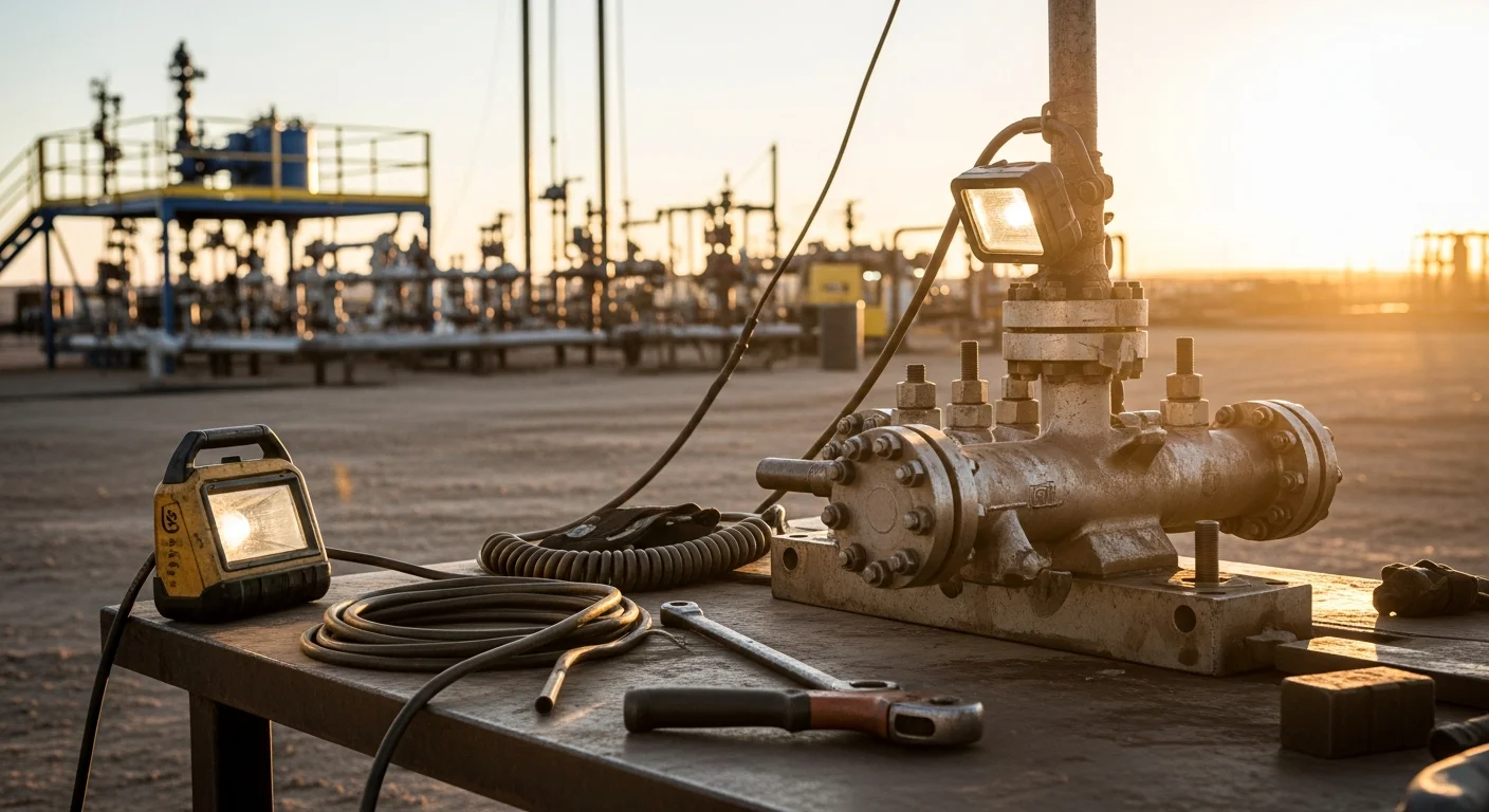 A roustabout crew performing flow line maintenance and equipment checks on an active oil and gas well pad in Evans, Colorado. Flat Weld County terrain and production tanks are visible in the background.