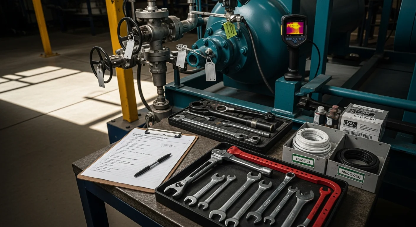 An industrial maintenance technician inspecting mechanical equipment inside a de-energized facility in Evans, Colorado. Work orders and safety documentation are visible on a clipboard in the foreground.