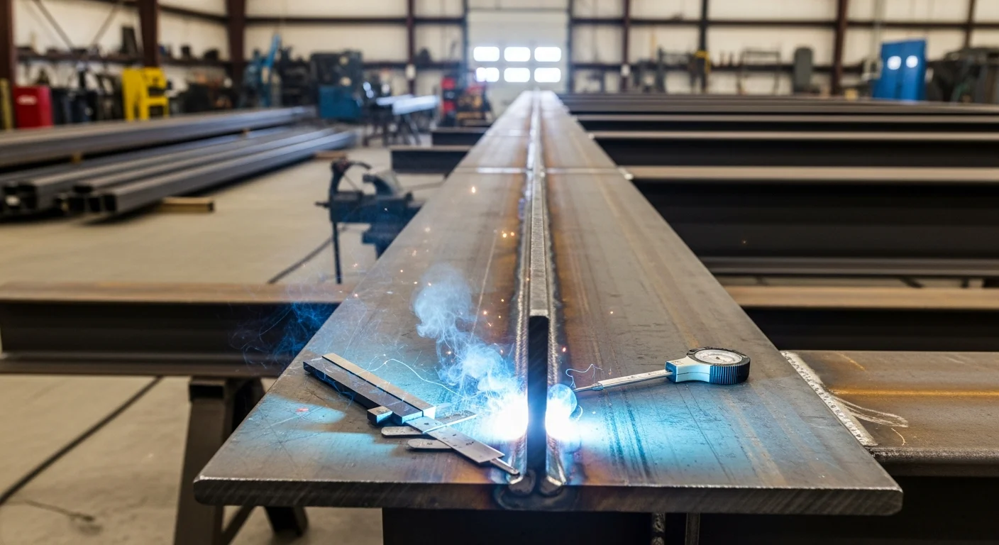A structural steel beam connection with a completed weld at a commercial building frame in Evans, CO. The weld joint shows clean bead profiles at the column-to-beam intersection on an outdoor steel structure.
