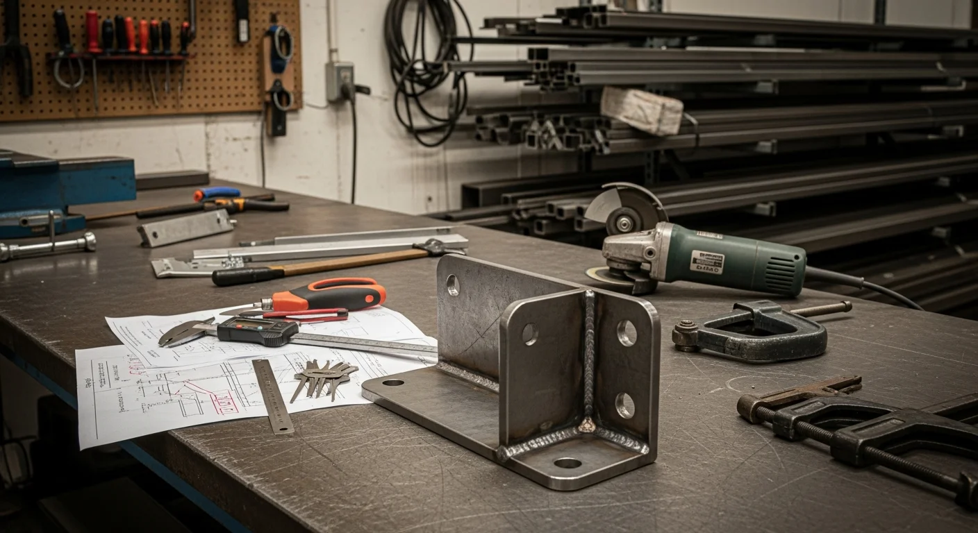 A fabricated steel frame weld completed by Oryx Ridge Services LLC in Evans, CO, showing clean weld beads on structural metal components. The finished assembly sits in a shop setting typical of Weld County's agricultural and industrial service providers.